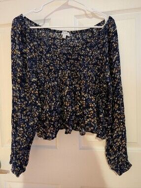 True Craft Navy Floral Smocked Peasant Blouse